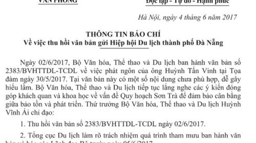 Bộ VHTTDL chỉ đạo thu hồi văn bản gửi Hiệp hội Du lịch thành phố Đà Nẵng